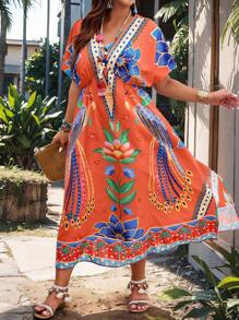 EMERY ROSE Summer Plus Size V-Neck Batwing Sleeve Holiday Style Colored Printed Dress (Random Print) Maxi Women Outfit