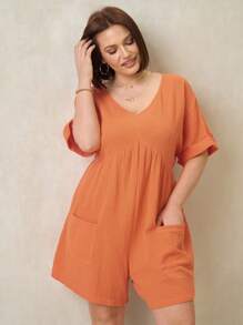 Chikora Plus Size Women V-Neck Solid Color Bat Sleeve Pocket Casual Romper - Orange - View 5