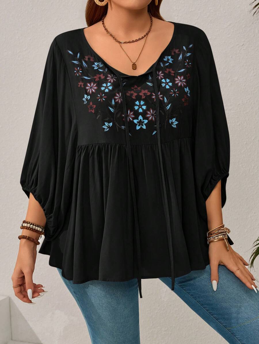 EMERY ROSE Plus Size Women Boho Floral Embroidered Lantern Sleeve Loose Smock Blouse,Summer,Vacation Summer Baggy Beach - Black - View 1
