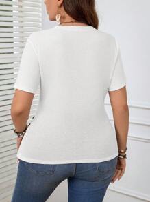 SHEIN LUNE Áo thun tay ngắn cổ chữ V trơn, dáng suông, cỡ lớn, thích hợp mặc mùa xuân, hè, dành cho nữ dự tiệc cưới, nữ công sở, nữ thanh lịch. - trắng - Xem 2
