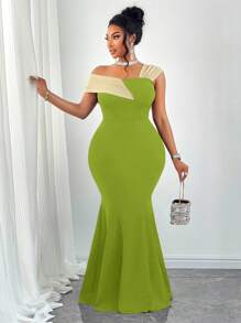 SOLERSUN 大码女式不对称领美人鱼下摆修身优雅连衣裙 - 綠色 - 查看 7