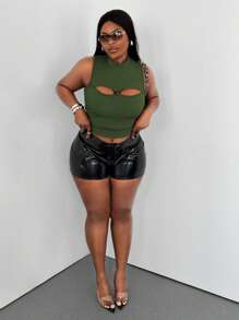 Maweii Plus Size Stand Collar Twist Front Cutout Sleeveless Sexy Tank Top - Army Green - View 3