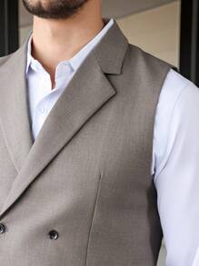 Manfinity Bizformal 男士纯色双排扣背心和裤子西装套装 - 棕色 - 查看 5