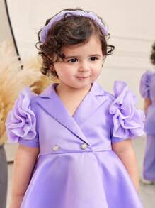 SHEIN Bộ 2 món áo hoa satin tím tay ngắn và quần dài cạp chun cho bé gái, mùa hè - Màu tím - Xem 4
