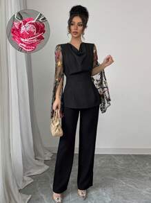 SHEIN Unity Blusa de manga larga con parche de encaje bordado con flores y pliegues, con detalles de diseño - Negro - Ver 2