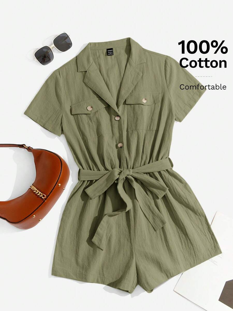 SHEIN EZwear 女士腰帶衫連體褲 - 軍綠色 - 查看 1