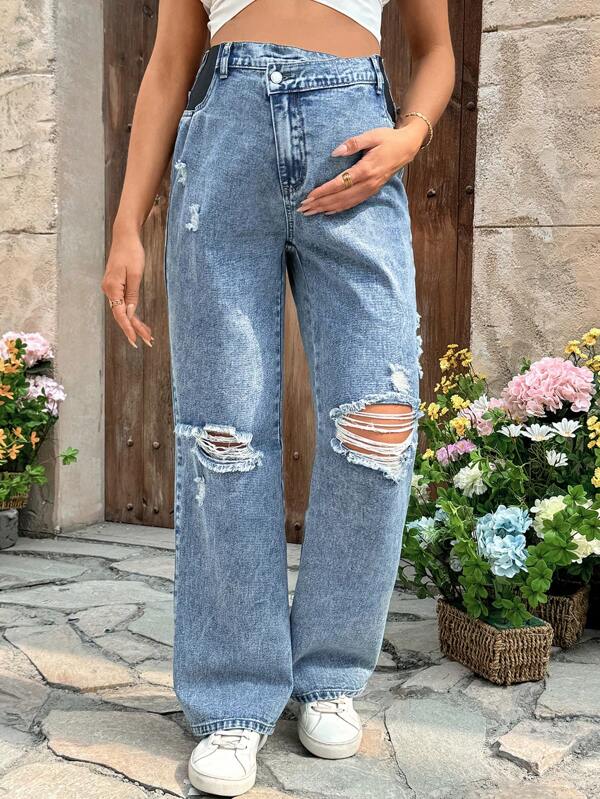SHEIN Jeans rectos sueltos y desgarrados de cintura asimétrica para maternidad, azules, apropiados para fiestas, vacaciones, citas, San Valentín, meriendas, verano / atuendos de verano / ropa de verano, durante todo el año, para vacaciones de primavera/verano, apropiados para el verano, verano azul, atuendos de vacaciones para mujer, Pascua, primavera, occidental, atuendos de oficina para mujeres, atuendos de rave, baby shower, cottagecore, atuendos de campo para mujeres, elegantes, para mujeres, playa, graduación, vacaciones, Pascua, sol, Día de la Madre/Mamá/Madre/Mamá/Día de la Madre/Mamá/Regalo del Día de la Madre