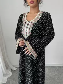 Yasmyna Abito lungo arabo dalle maniche ampie, con colletto di patchwork a stampa floreale, volants e taglio svasato, modesto