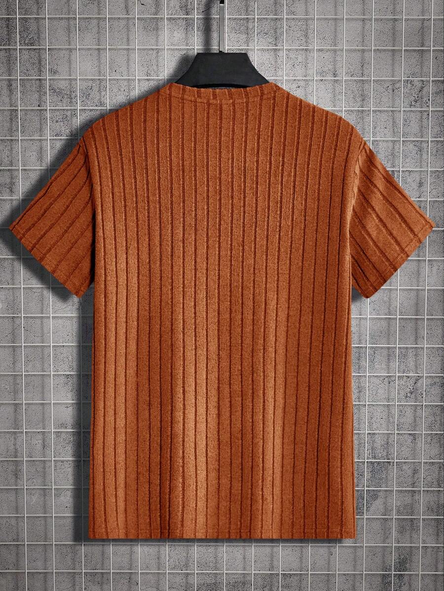 GENTILAND Casual Minimalist Crew Neck Ribbed Knit Short Sleeve Fitted T-Shirt - Orange - View 1