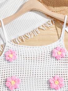 SHEIN Swim Women 2 Pieces Set: Solid White Crochet Hollow-Out Tank Top And Skirt For Summer Beach Vacation - White - View 7