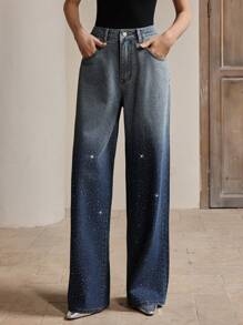Anewsta Quần jeans ống đứng màu xanh gradient đính đá lấp lánh, thời trang và thanh lịch, phù hợp cho các bữa tiệc và ngày Valentine. - Màu xanh lam - Xem 3