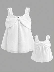 Women's Blouse, Bowknot Collar Eyelet Dotted Cutout Shoulder Casual A-Line Top, Chic And Elegant Princess Style, Suitable For Mothers And Daughters, New Spring Arrival - White - View 5