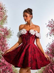 SHEIN Belle 优雅对比花卉提花面料露肩 A 字型公主裙，配有可调节后系带，婚礼宾客礼服，适合约会、生日、派对、婚礼、周年纪念、舞会、舞会礼服 - 紅色 - 查看 4