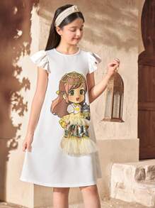 SHEIN Tween Girls 纯色编织圆领可爱女孩印花荷叶边连衣裙，适合春季出游、乡村风格、花园下午茶、休闲外出、返校 - 白色 - 查看 3
