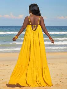 Slaydiva Loose Yellow Dress With Flared, Summer - Yellow - View 5