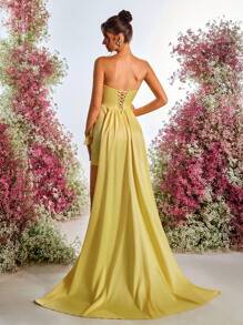 SHEIN Belle Elegant, Romantic, Sexy, Yellow, Satin, Strapless Tube Three-Dimensional Floral Dress, Back Strap Adjustment, Back Drop, Tail Wedding Guest Dress, Vacation, Wedding Event, Graduation, Date, Birthday, Prom, Cocktail Dress, Party Dress,Graduation,Graduation Dresses For Women,Back To School Dress