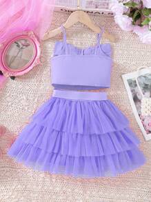 SHEIN 2pcs/Set Young Girls Bow Decor Suspender Mesh Skirt - Mauve Purple - View 2