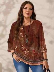 EMERY ROSE Plus Size Women Casual Allover Print Round Neck Loose 3/4 Sleeve Blouse, Suitable For Spring And Autumn Chic Blouses For Women