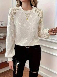 Casual Solid Color Jacquard Contrast Lace Long Sleeve Top, Spring/Autumn Fall Cloth For Women - Apricot - View 3