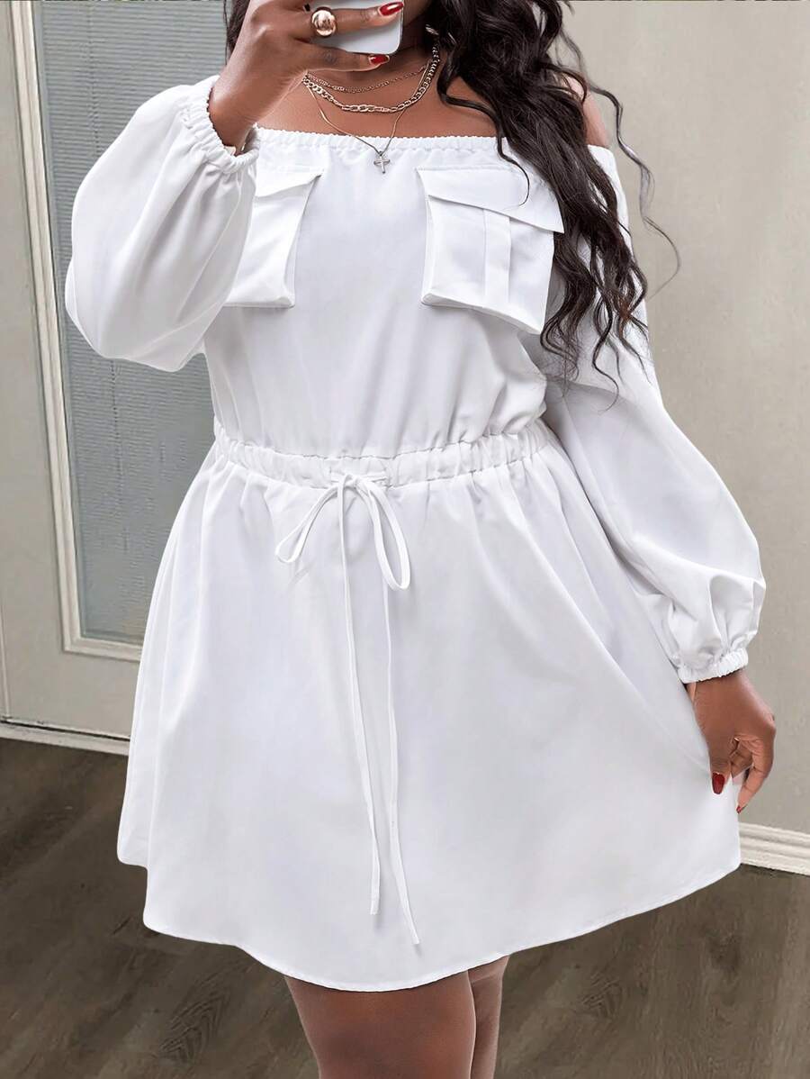 Slaydiva Vestido casual de playa blanco todo a juego de talla grande con hombros descubiertos, cintura, línea A, bolsillos, adecuado para primavera/verano, versátil para uso diario - Blanco - Ver 1