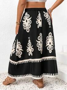 SHEIN Frenchy Plus Size Random Printed Front Button Skirt, Casual Vacation