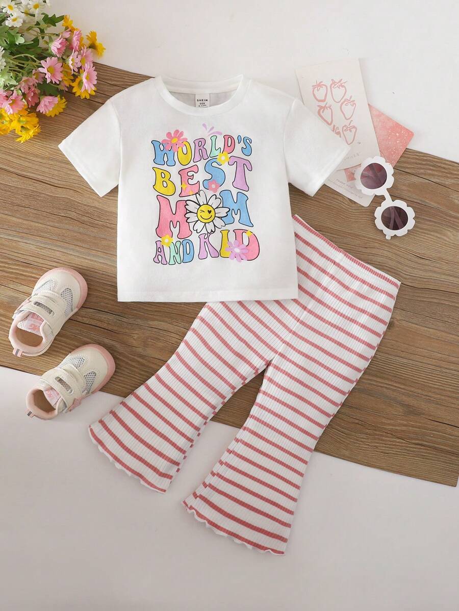 SHEIN Babygirl 可爱卡通印花短袖 T 恤和松紧腰条纹裤两件套，夏季 - 白色 - 查看 1