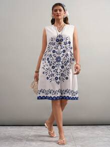 SHEIN LUNE Vestido de línea A sin mangas hasta la rodilla con estampado floral retro de talla grande, para looks bohemios de primavera, festivales y rave. Conjunto de loungewear para vacaciones de verano, ropa de mujer de estilo "old money", atuendos de mujer para el Día de San Patricio y Pascua, y para country concerts y conciertos de primavera.