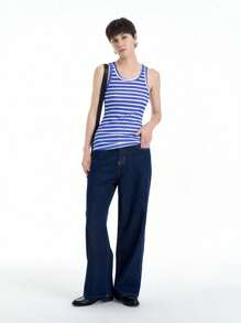 SHEIN Clasi Printed Random Cut Crew Neck Blue & White Striped Slim Fit Stretch Casual Simple Design Tank Top For Women - Blue - View 4