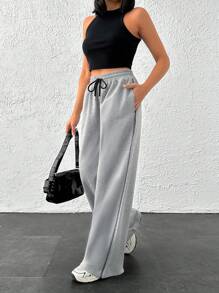 EURMUSE Women Side Stripe And Drawstring Detailed Sweatpant - Light Grey - View 5