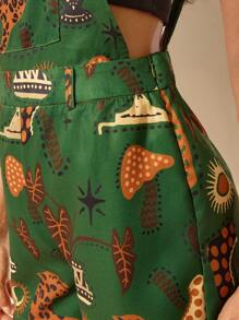 CAJUNI Women's Boho Tropical Leopard, Palm Tree, Snake Plant Print Jumpsuit With Large Pocket, Casual Summer Beach Outfit, Green