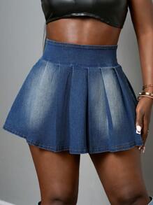 Slaydiva New Spring And Summer Casual Street V-Shaped Waist Pleated Whiskers Dark Blue Super Mini Skirt Women's Denim Skirt-EE - Dark Wash - View 4