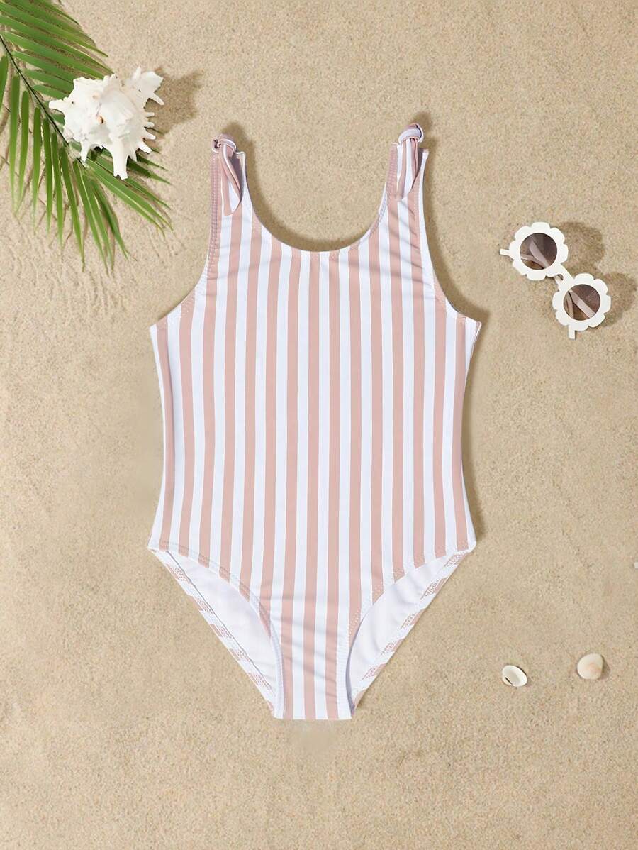 Young Girls One-Pieces Swimsuit One-Piece Swimsuit Brown Stripe Digital Printed Polyester Fabric Cute Bow Element Briefs Style Perfect For The Beach Pool - Mocha Brown - View 1