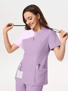 TaskEZ Medical Pajama Uniform Set With Short Sleeve V-Neck Top And Contrasting Pants - Purple Lilac - View 8