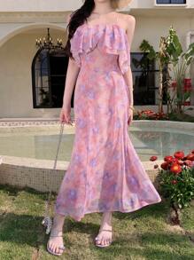 DAZY Women's Ruffle Off Shoulder Casual Midi Dress, Elegant & Slim Fit, Spring/Summer Floral Sundress Boho Vacation Outfits Women - Dusty Pink - View 6