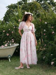 SHEIN MOD Rosa Blumen Muster Puff Taille Rock, geeignet für Urlaub, Reise, Date, Nachmittagstee - Verschiedenfarbig - Übersicht 5