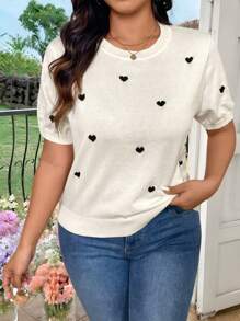 SHEIN Frenchy 秋季大码休闲心形图案短袖针织毛衣