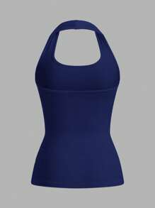 SHEIN EZwear Women's Navy Blue Tight Fit Halter Neck Sleeveless Casual Tank Top, Suitable For Summer