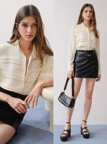 MOTF STUDIO 对比色蕾丝纹理纽扣衬衫