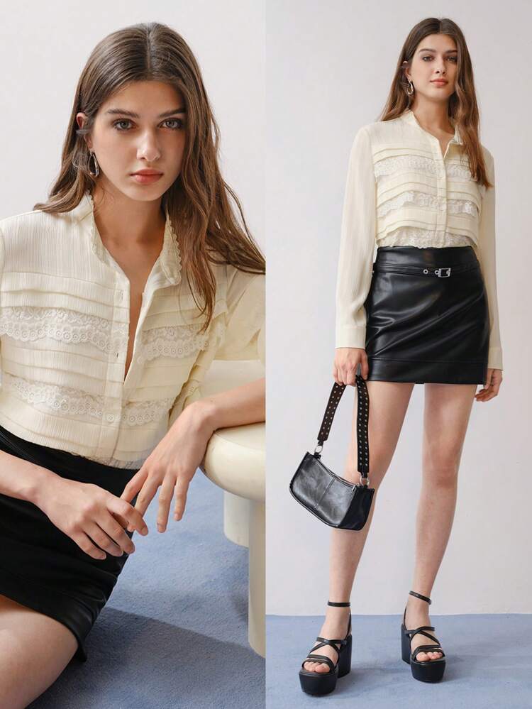 MOTF STUDIO LACE INSERT TEXTURED SATIN BUTTON UP LONG SLEEVE SHIRT