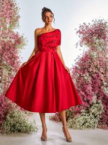 SHEIN Belle Elegant Glamorous Sequin Patchwork Satin Asymmetrical Neck Pleated A-Line Maxi Dress, Wedding Guest Dress, Suitable For Evening Parties, Galas, Dates, Formal Occasions, Party Dress, Prom Dress - Red - View 4