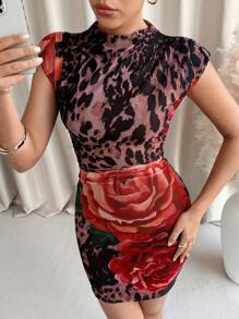 SHEIN Clasi 豹纹花卉网眼印花度假波西米亚风紧身迷你裙，时尚性感