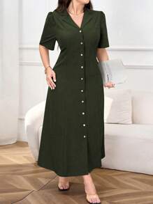 Modelyn Plus Size Solid Color Button Front Summer Short Sleeve Dress Maxi Women Outfit Long Evening Dresses - Army Green - View 7