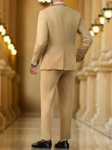 Manfinity Bizformal 男士撞色立领夹克和裤子西装套装男士休闲西装 - 卡其色 - 查看 2