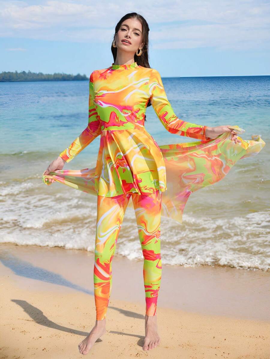 Swim Shayni 夏季海滩 2 件套扎染连体泳衣，配有沙滩短裤和网眼裙，适合旅行和度假阿拉伯服装