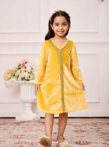 SHEIN Young Girl Yellow Velvet Gold Glitter Trim Long Sleeve V-Neck Long Dress, Fashionable Outerwear