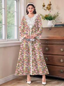 SHEIN Najma Ditsy Floral Casual Simple Conservative Arabian Dress, Arabian Dresses - White - View 5