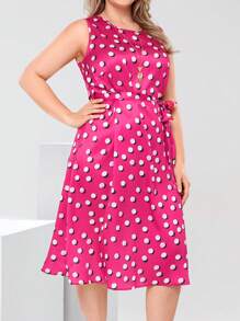 EMERY ROSE Magenta,Summer,Elegant,Wedding Guest Plus Size Sleeveless Crew Neck Polka Dot Print Dress,Women's Boho Western Holiday Outfits,Business Casual Clothes - Hot Pink - View 4