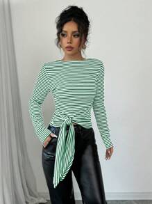 Elenzga 条纹休闲 T 恤，简约时尚，适合日常穿着，图案 T 恤，女式上衣 - 墨綠色 - 查看 6