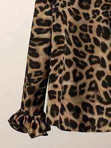 Plus Size Fashionable Commuting Leopard Print Flounce Sleeve Blouse - Multicolor - View 3