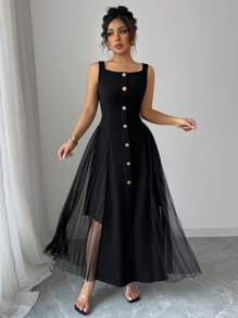 Elenzga 女士纯色单排扣方领无袖休闲连衣裙